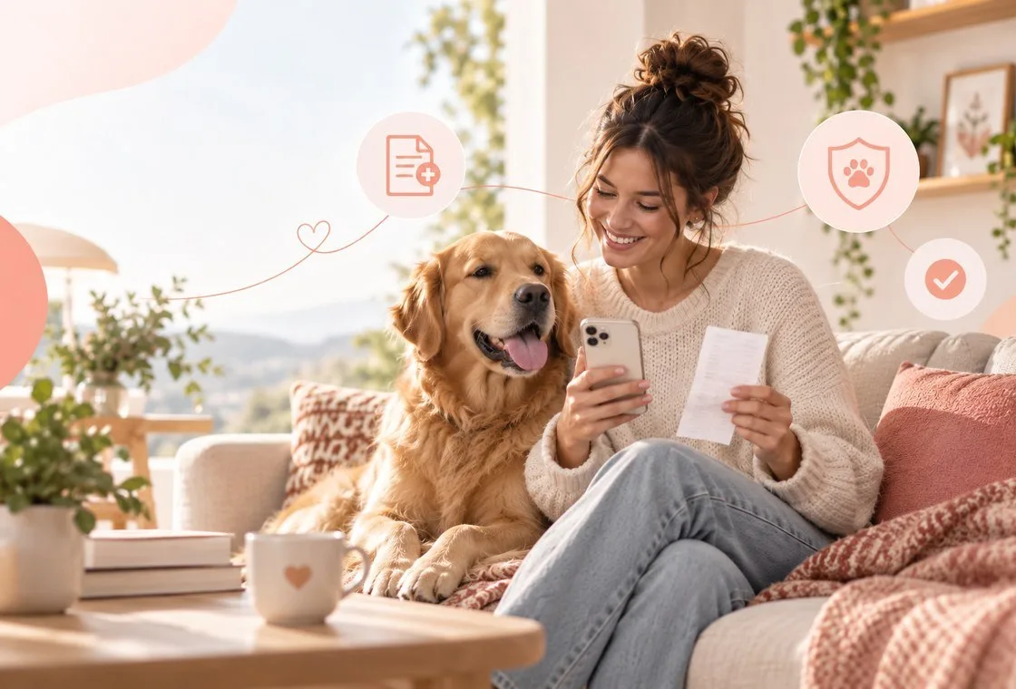 Owner holding a phone and documents while sitting beside a dog