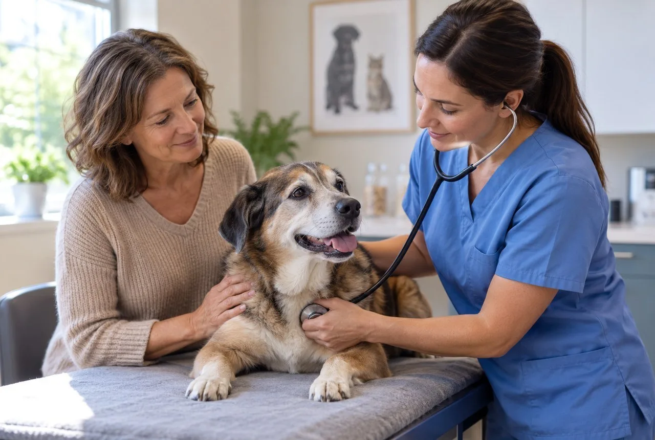 Veterinarian examining a dog with its owner at a clinic